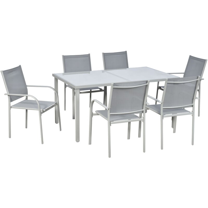Ensemble de jardin 6 personnes chaises empilables table à manger dim. 150L x 90l x 72H cm plateau verre acier époxy textilène gris
