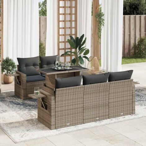 Ensemble de jardin 6 pièces en résine tressée grise avec coffre rangement et table réglable