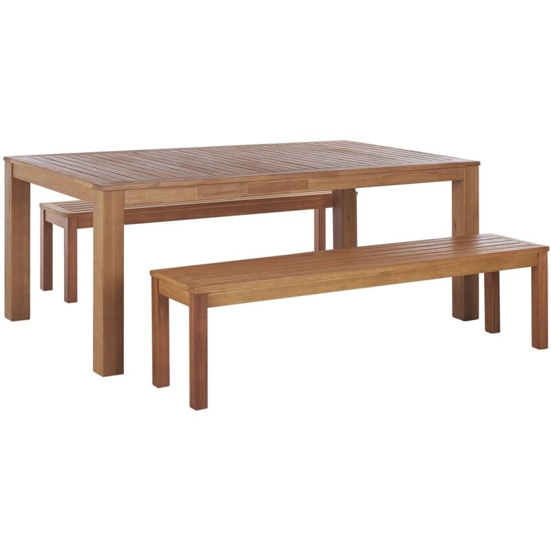 Ensemble Repas de Jardin 6 Places Table et 2 Bancs en Bois d'Eucalyptus Clair pour Jardin ou Terrasse Rustique Monsano Beliani