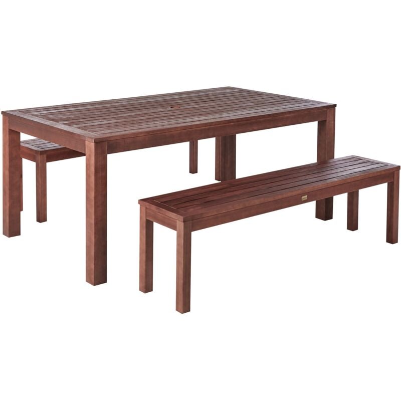 Ensemble de Jardin 6 Places avec Table et 2 Bancs en Bois d'Eucalyptus Foncé Look Moderne et Industriel Tuscania Beliani