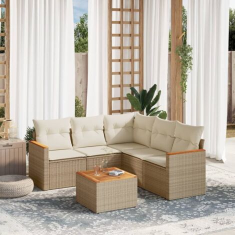 Ensemble de jardin 6 places en résine tressée beige avec coussins et table acacia - Salon extérieur modulaire avec rangement intégré
