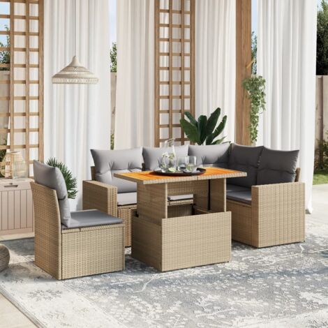 Ensemble de jardin 6 places en résine tressée beige avec coussins gris - Table extensible acacia et structure acier