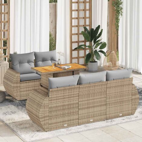 Ensemble de Jardin 6 Places en Résine Tressée Beige avec Coussins Gris, Table Modulable et Espace de Rangement