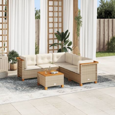 Ensemble de Jardin 6 Places en Résine Tressée Beige avec Coussins - Salon d'Extérieur Modulaire avec Table en Acacia