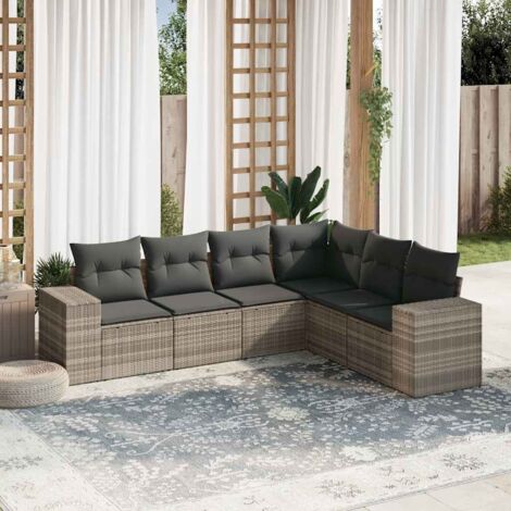 Ensemble de Jardin 6 Places en Résine Tressée Gris avec Coussins Modulables, Salon d'Extérieur Complet