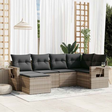 Ensemble de jardin 6 places en résine tressée gris clair avec coussins, coffres et tables pliantes