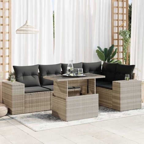 Ensemble de jardin 6 places en résine tressée gris clair avec table à hauteur réglable et rangement intérieur