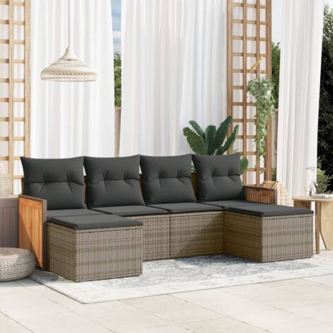 Ensemble de jardin 6 places en résine tressée grise avec coussins - Salon d'extérieur modulaire avec rangement (2 fauteuils, 2 banquettes, 2 poufs)