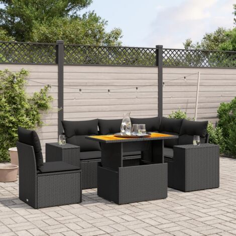 Ensemble de jardin 6 places en résine tressée noir avec coussins et table extensible - Salon extérieur modulaire