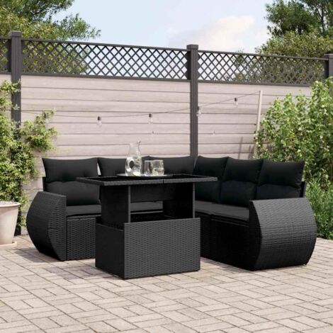 Ensemble de jardin 6 places en résine tressée noir avec coussins - Salon extérieur modulaire avec table réglable