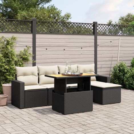 Ensemble de jardin 6 places en résine tressée noire avec coussins crème - Salon extensible modulaire pour terrasse