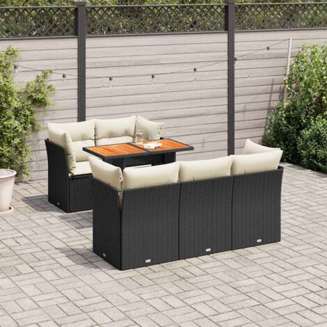 Ensemble de jardin 6 places en résine tressée noire avec coussins crème, table extensible acacia et rangements intégrés