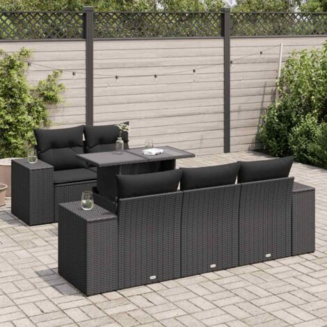 Ensemble de Jardin 6 Places en Résine Tressée Noire avec Table Modulable et Coussins Lavables - Mobilier Extérieur Design avec Rangement Intégré