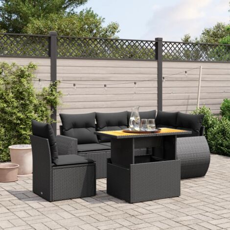 Ensemble de Jardin 6 Places Noir Résine Tressée - Salon Extérieur avec Table Modulable et Coussins Confort