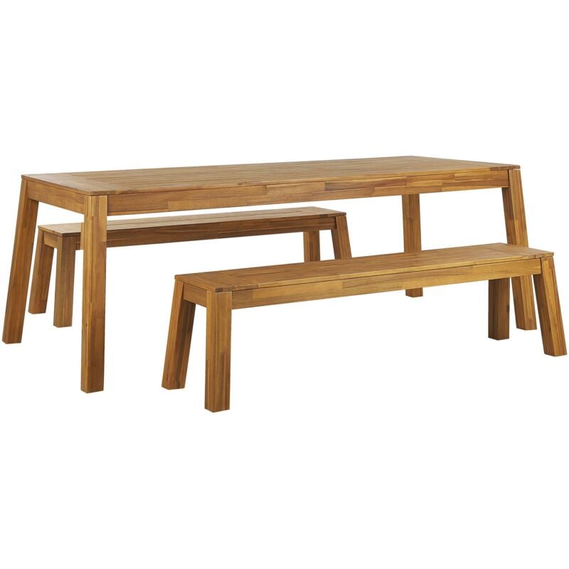Salon de Jardin Table et 2 Bancs en Bois d'Acacia Clair Look Naturel et Très Tendance pour Intérieur et Extérieur au Style Rustique et Boho Beliani