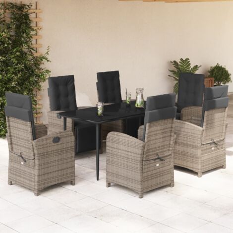 Ensemble de Jardin 7 Pièces avec Coussins Gris - Table 160x80cm et Chaises inclinables en Résine Tressée, Livraison Incluse