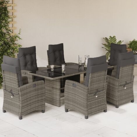 Ensemble de Jardin 7 pièces en Polyrotin Gris avec Coussins et Table en Verre Trempé  6 Chaises Relax Réglables