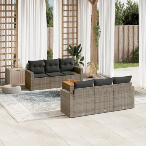 Ensemble de jardin 7 pièces en résine tressée grise avec table acacia et coffre de rangement - Salon extérieur avec coussins lavables