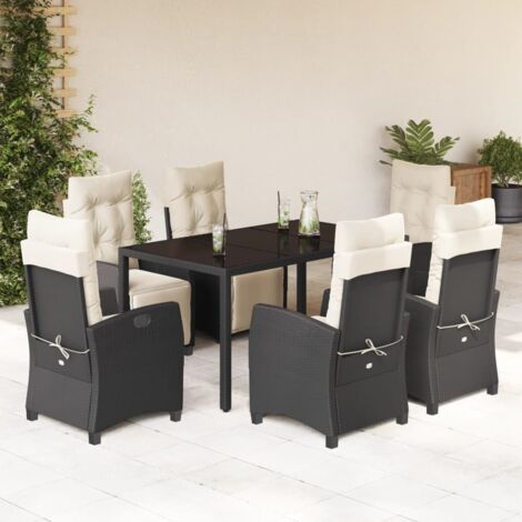 Ensemble de Jardin 7 Pièces en Résine Tressée Noire - Table Verre Trempé 150x90 cm avec 6 Fauteuils incl. Coussins Détachables