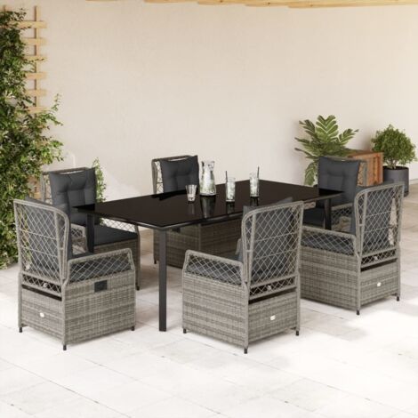 Ensemble de Jardin 7 Pièces Gris avec Table en Verre et Chaises Inclinables en Rotin Synthétique  200x100 cm  6 Coussins Dossier et Siège Amovibles