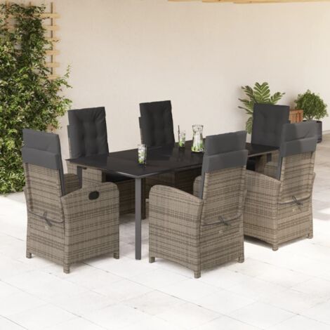 Ensemble de Jardin 7 Pièces Gris avec Table Verre Trempé 200x100 cm et 6 Chaises Réglables en Polyrotin