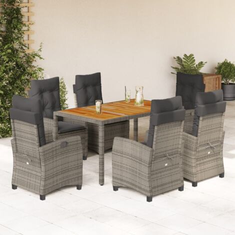 Ensemble de Jardin 7 Pièces Gris en Rotin Résine avec Coussins, Table Acacia 150x90 cm, Chaises Inclinables et Bains de Soleil