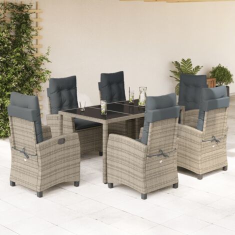 Ensemble de Jardin 7 Pièces Gris : Table en Verre, Chaises Relax avec Coussins
