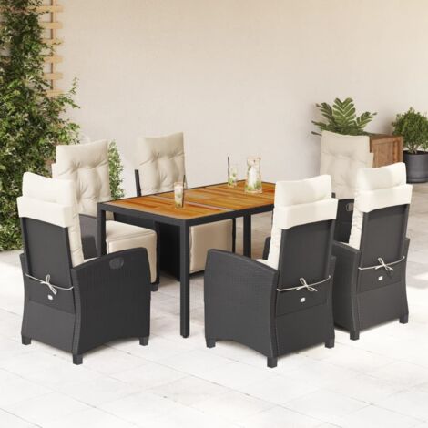 Ensemble de Jardin 7 Pièces Noir avec Coussins, Table en Acacia et Chaises en Résine Tressée, Dimensions 150x90 cm (1 Table + 6 Chaises)