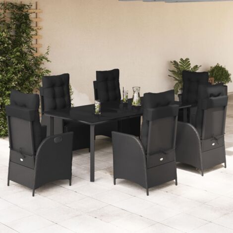 Ensemble de Jardin 7 Pièces Noir avec Coussins  Table en Verre Trempé 200x100cm et 6 Chaises Inclinables en Résine Tressée Polyrotin