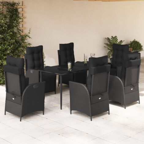 Ensemble de Jardin 7 Pièces Noir avec Table en Verre, Chaises en Résine Tressée Inclinables et Coussins Détachables