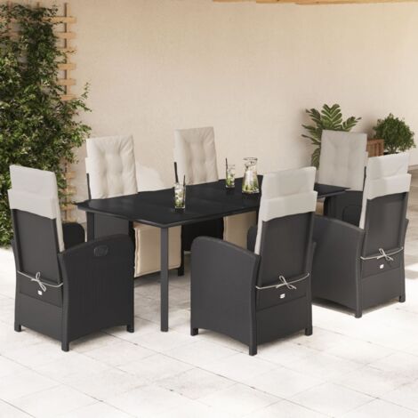 Ensemble de Jardin 7 Pièces Noir Résine Tressée avec Coussins et Table en Verre 200x100cm, Chaises inclinables