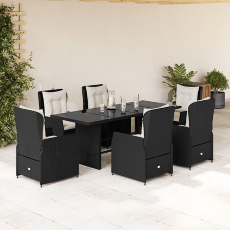 Ensemble de Jardin 7 Pièces Noir Résine Tressée avec Coussins  Table 190x80cm & 6 Chaises Inclinables Verre Trempé et Acier Enduit Poudre  Capacité 110kg Coussins Housse Amovible Lavable