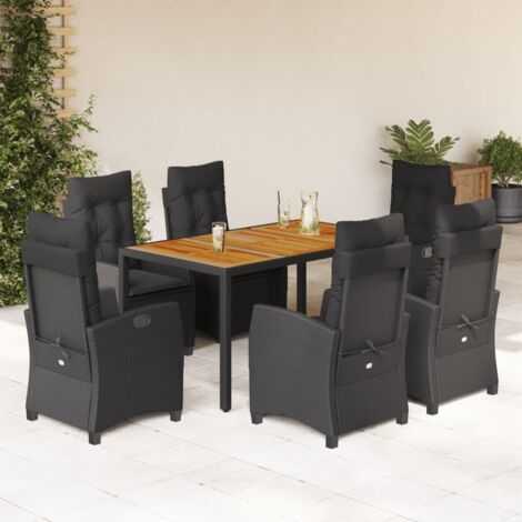 Ensemble de Jardin 7 Pièces Noir Résine Tressée Table Acacia et Chaises Relax avec Coussins