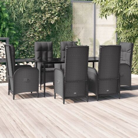 Ensemble de Jardin 7 Pièces Noir  Table 160x80cm + 6 Chaises Inclinables Résine Tressée avec Coussins Polyester