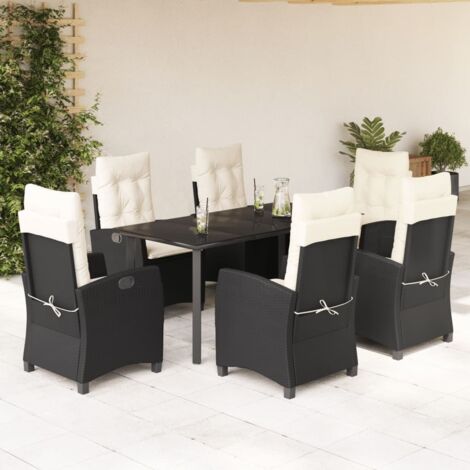 Ensemble de Jardin 7 Pièces Noir - Table en Verre Trempé et Chaises en Résine Tressée avec Coussins Lavables (160x80 cm)