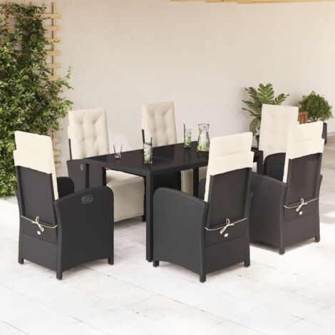 Ensemble de Jardin 7 Pièces Résine Tressée Noir avec 6 Fauteuils Inclinables et Table en Verre Trempé 150x90cm