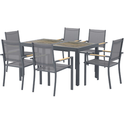 Ensemble de Jardin 7 Pièces Table Bois 140x80x72cm Gris + 6 Chaises Pliantes Textilène