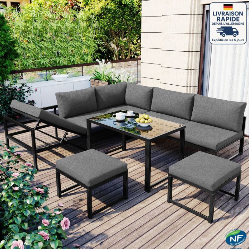 Ensemble de jardin 7 places, canapé 3 places + canapé 2 places + 2 tabourets et 1 table basse fixe, métal et verre, gris foncé et noir
