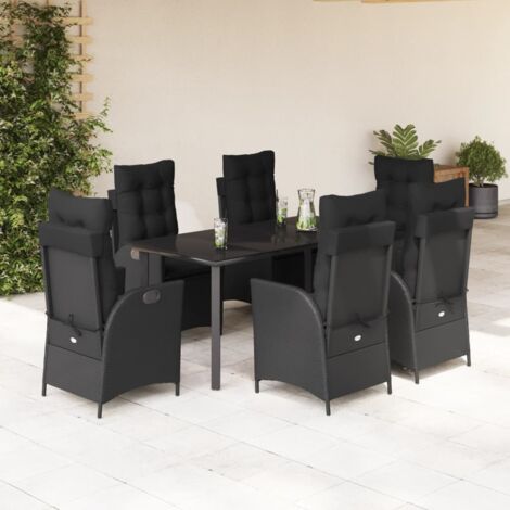 Ensemble de Jardin 7 Places en Résine Tressée Noir avec Coussins - Table Verre Trempé 160x80 cm