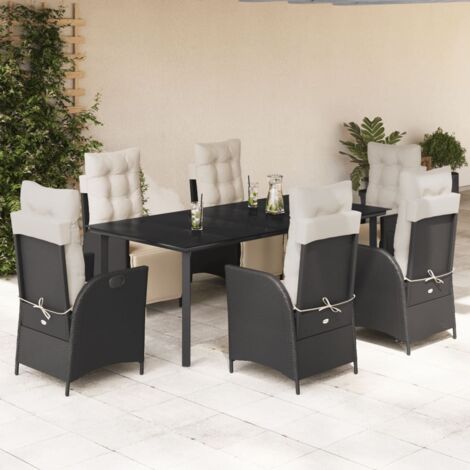 Ensemble de Jardin 7 Places Noir avec Coussins - Table 200x100cm en Verre Trempé et Chaises Réglables en Résine Tressée, Mobilier d'Extérieur Durable