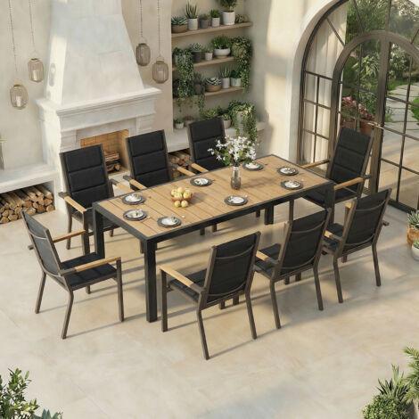 Ensemble de jardin 8 Personnes Aspect Bois, 8+1 Mobilier, 189CM Table de Jardin en Aluminium et 8 Chaises Empilables en Aluminium, Couleur Teck