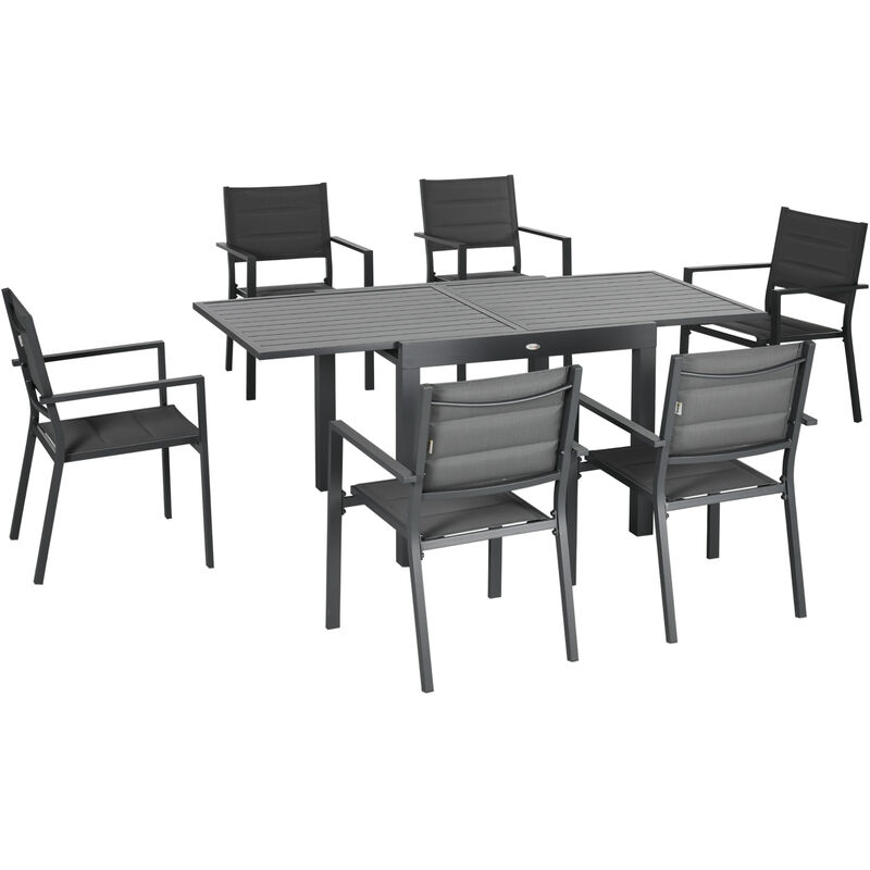 Ensemble de jardin 6 personnes chaises empilables table extensible 90/180L cm alu. textilène gris - Noir