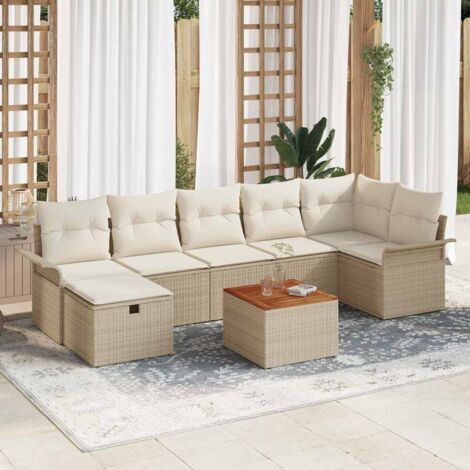 Ensemble de Jardin 8 Pièces en Polyrotin Beige avec Table, Modulaire et Coussins Housses Zippées, Acacia, Stockage