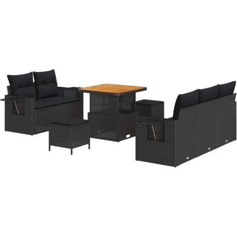 Ensemble de Jardin 8 Pièces en Polyrotin Noir avec Coussins - Canapé Modulable, Table Réglable
