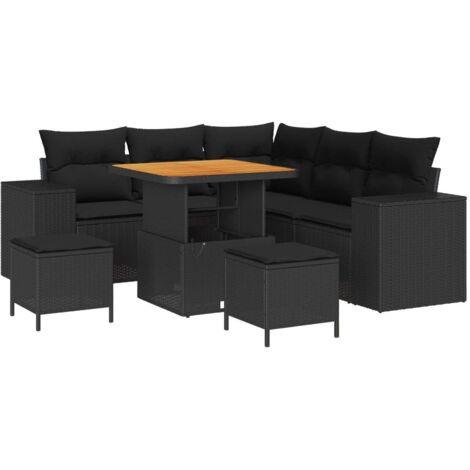 Ensemble de Jardin 8 Pièces Polyrotin Noir avec Coussins et Table Modulable - Canapé d'Angle Modulable Durable et Résistant aux Intempéries