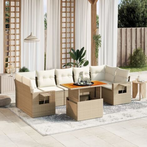 Ensemble de jardin 8 places en résine tressée beige avec coussins amovibles - Table extensible et design modulaire