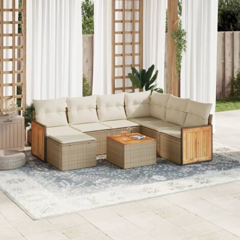 Ensemble de jardin 8 places en résine tressée beige avec coussins et table acacia - Mobilier extérieur modulaire avec rangement