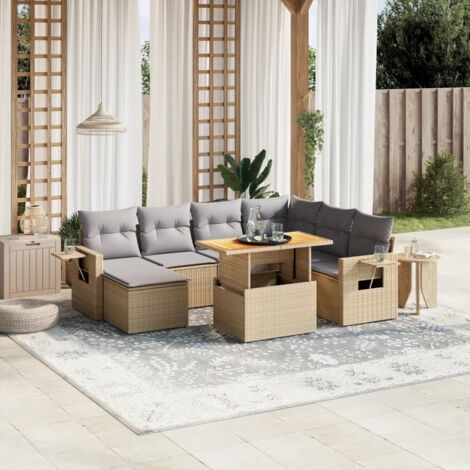 Ensemble de jardin 8 places en résine tressée beige avec coussins gris, table extensible et repose-pieds - Salon d'extérieur modulaire