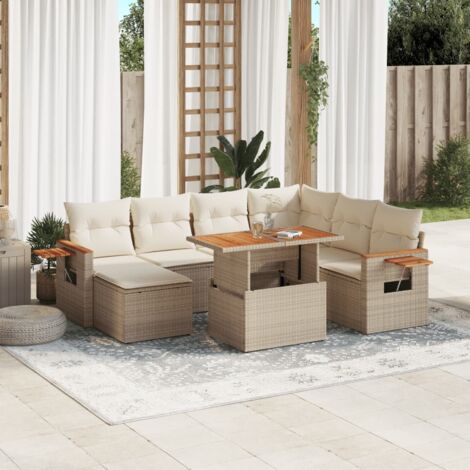 Ensemble de jardin 8 places en résine tressée beige avec coussins lavables, table extensible et repose-pieds
