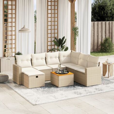 Ensemble de Jardin 8 Places en Résine Tressée Beige - Salon d'Extérieur Modulaire avec Coussins et Table Acacia
